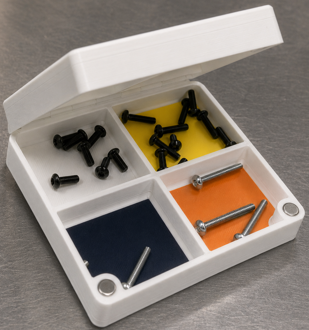 magnetic screw organize box shown open with magnetically-held bolts visible.
