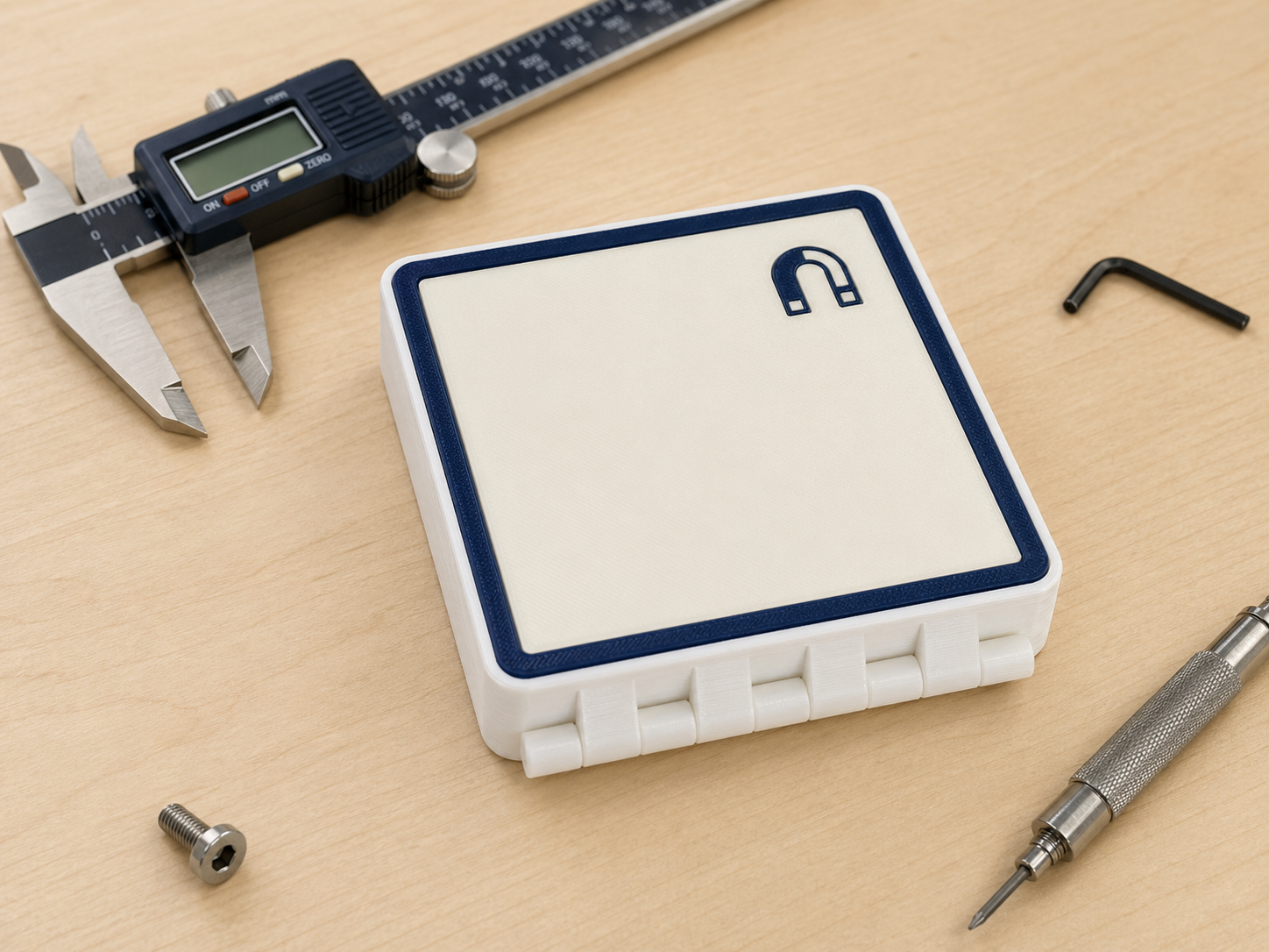 magnetic screw organizer box shown on a desk with tools for scale