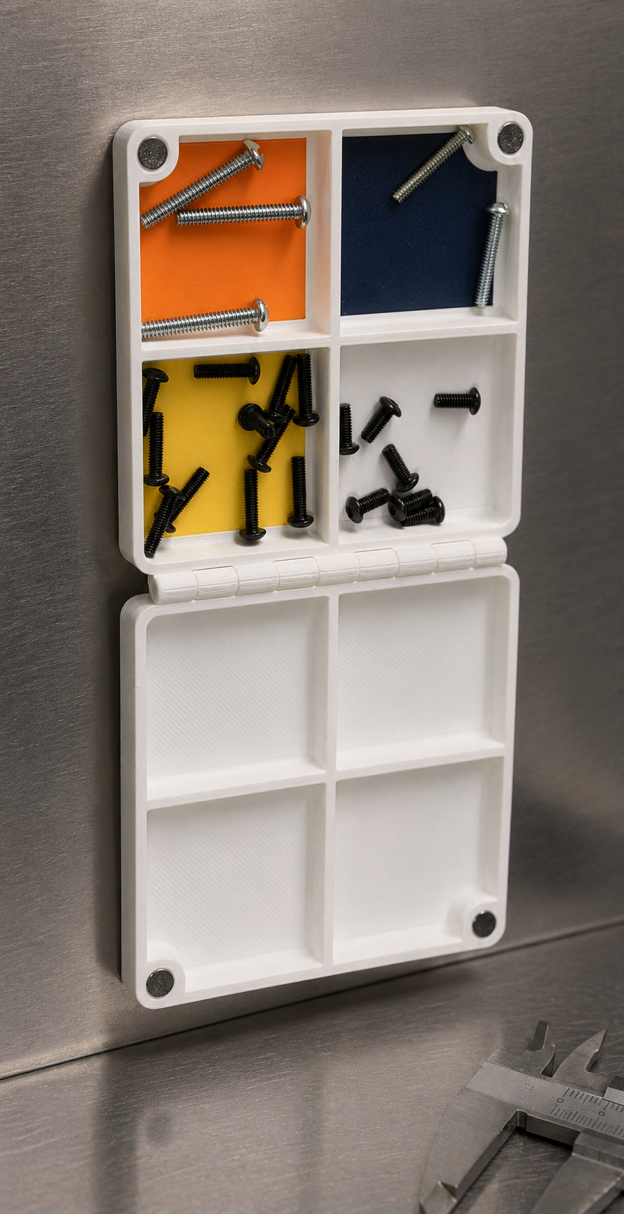 magnetic screw organizer mounted to a steel desk open with bolts